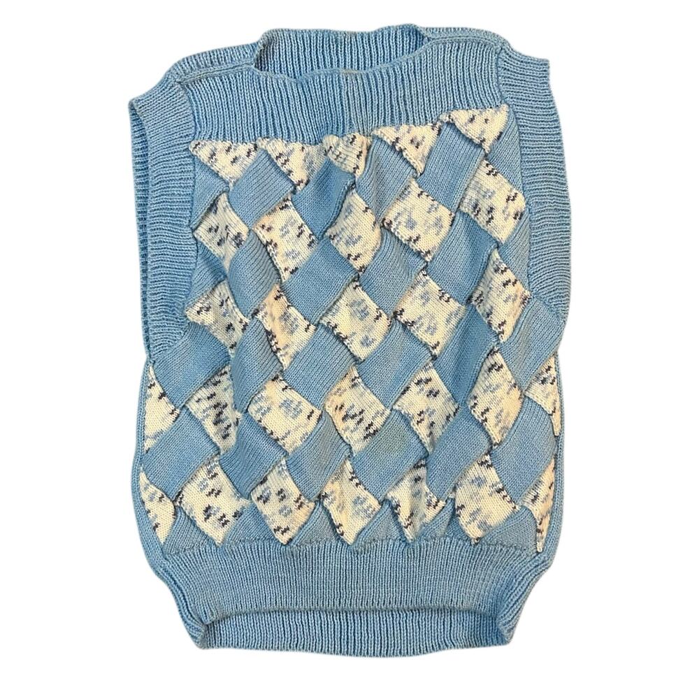 Vtg Handmade Entrelac Sweater Vest Womens Small Blue White Cottage Grandma